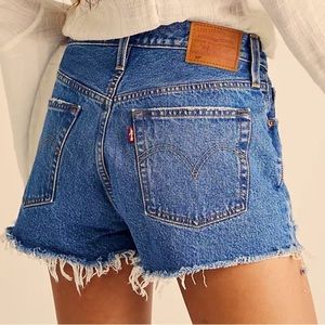 Levi’s 501 high rise premium denim dark wash vintage style distressed shorts